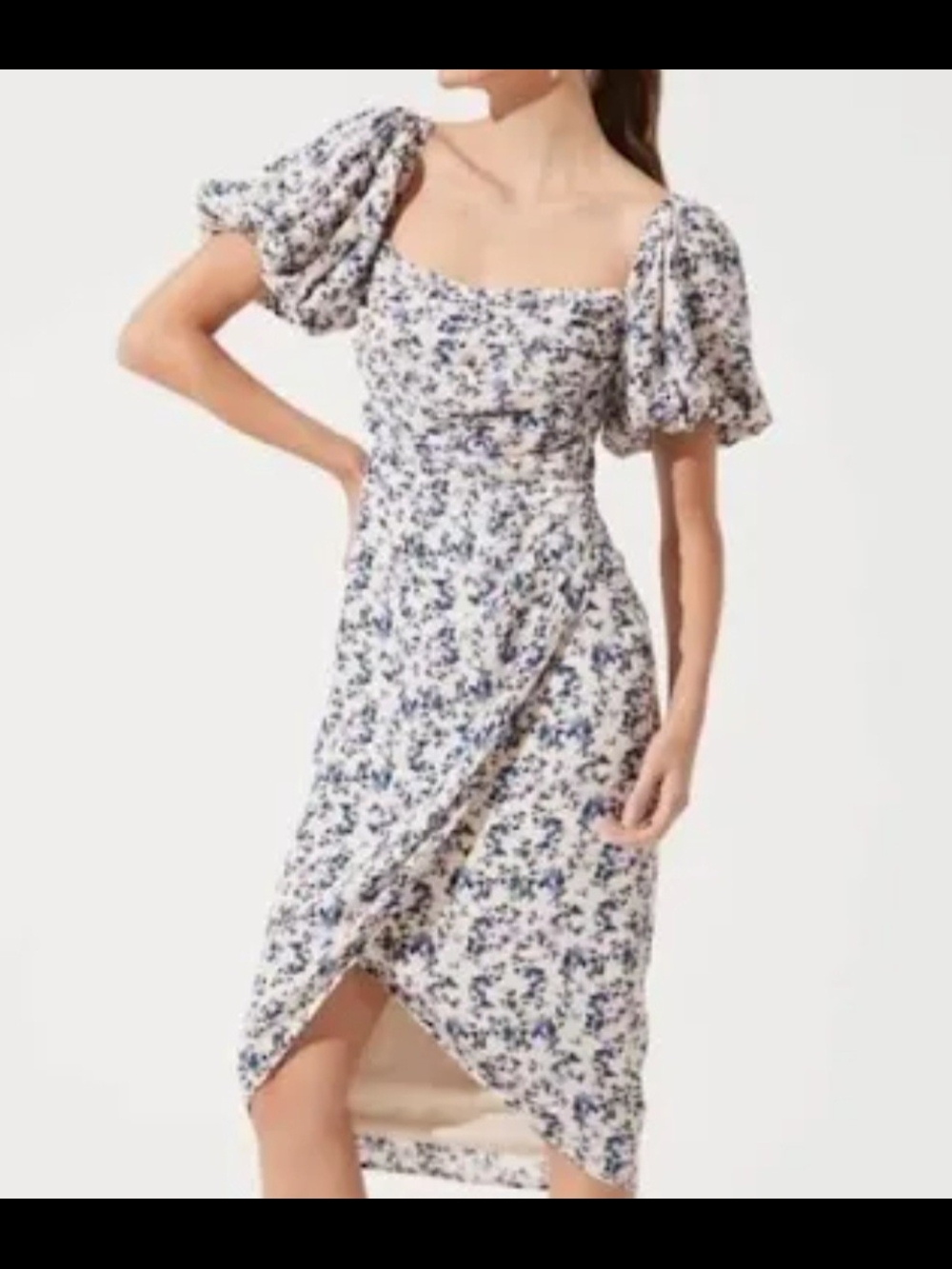 Astr Floral Puff-Sleeve Wrap Midi Dress - White & Blue